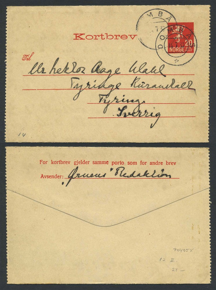 Norway stationaries: KB 012 II. DOMBÅS 1937.07.14, addressed to Tyring, SWEDEN.