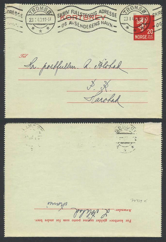 Norway stationaries: KB 014 b. TROMSØ 1940.01.23 + slogan