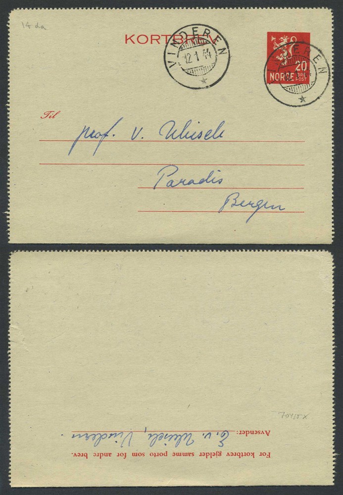 Norway stationaries: KB 014 d. VINDEREN 1944.01.12, addressed to Bergen.  20 ør