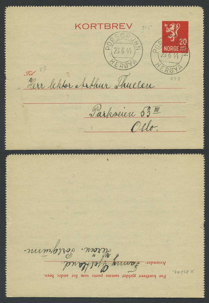 Norway stationaries: KB 014 d. PORSGRUNN/HERØYA 1944.06.23, addressed to Oslo.