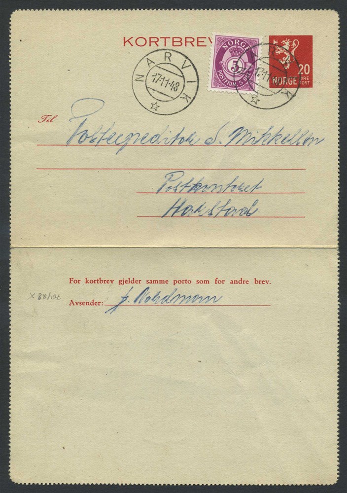 Norway stationaries: KB 014 x1. NARVIK 1948.11.17, card uprated to 25 øre posta