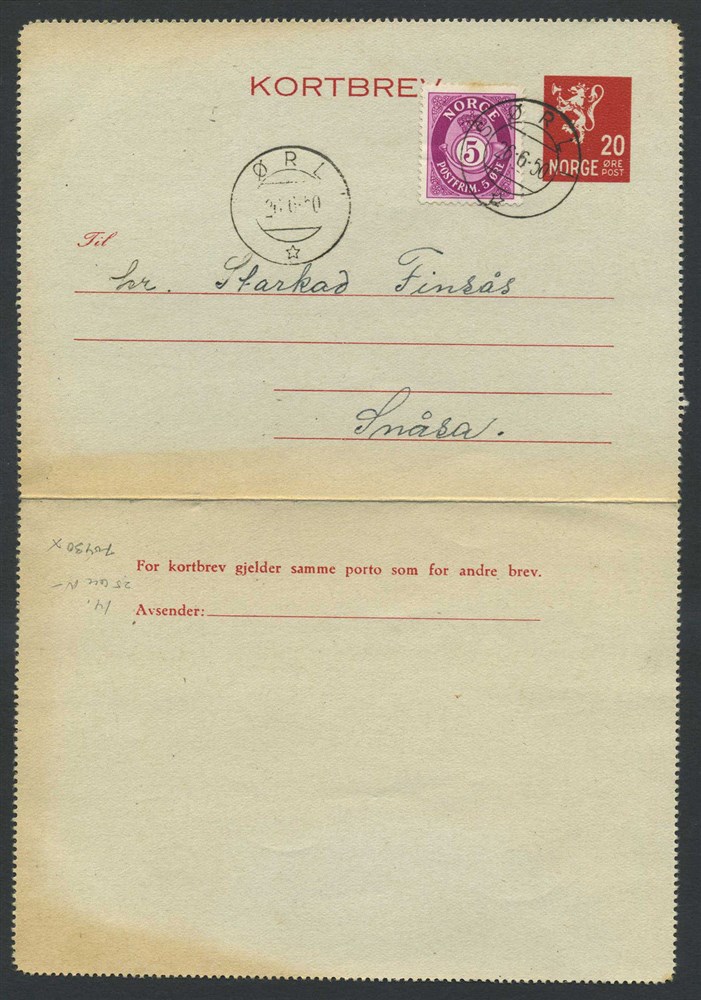 Norway stationaries: KB 014 x1. SØRLI 1950.06.26, card uprated to 25 øre postag