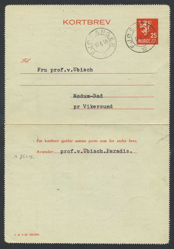 Norway stationaries: KB 016 I. FJØSANGER 1949.06.15, addressed to Modum Bad pr.