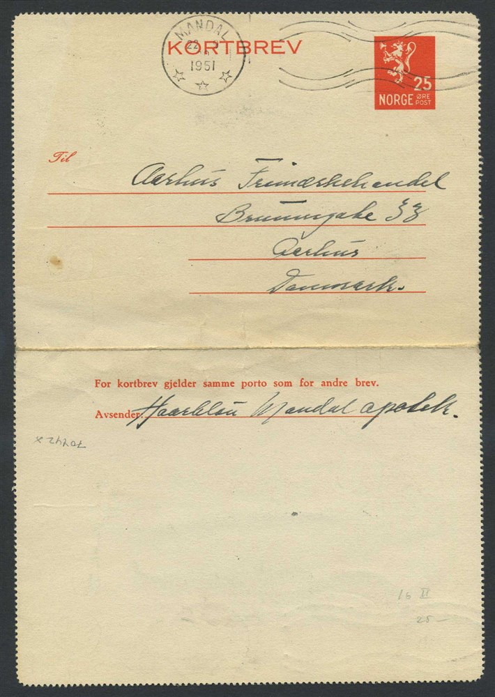 Norway stationaries: KB 016 II. MANDAL 1951.09.22, addressed to Aarhus, DENMARK