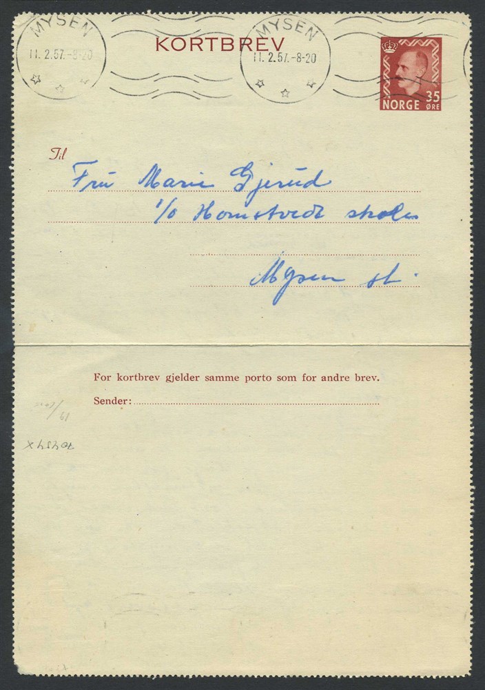 Norway stationaries: KB 019. MYSEN 1957.02.11, addressed to Mysen station.  35