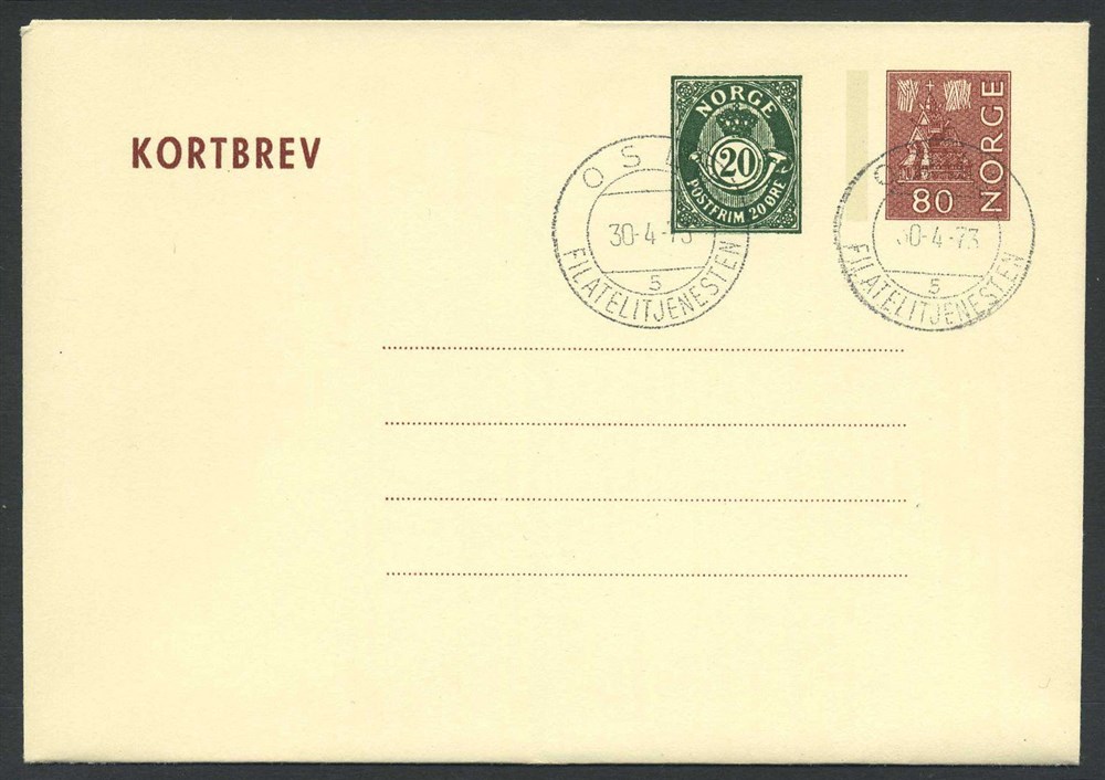 Norway stationaries: KB 035. 80+20 øre letter-card 1973, cancelled but unaddres