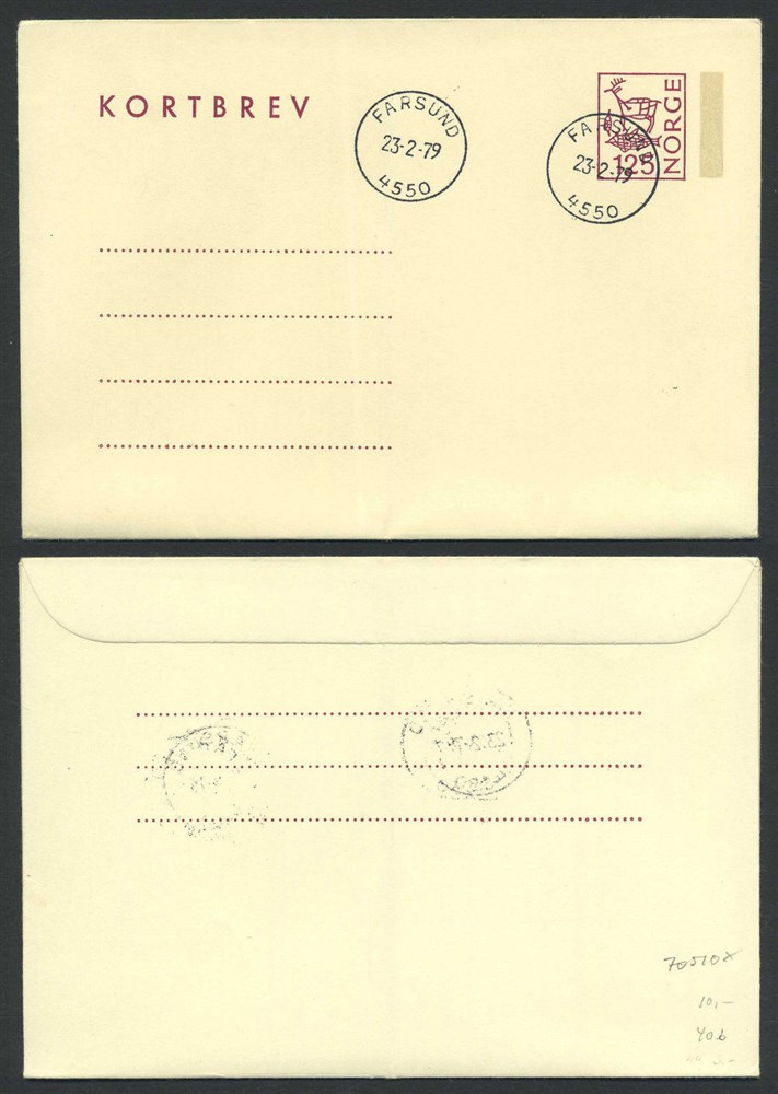 Norway stationaries: KB 040 I. FARSUND/4550 - 1979.02.23, used but unaddressed.