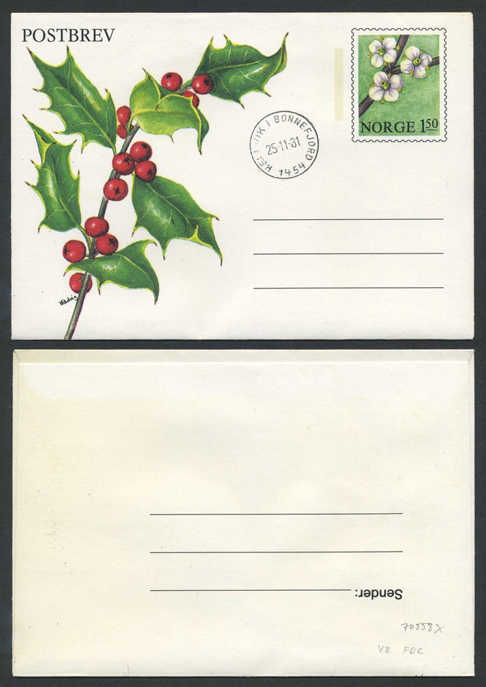 Norway stationaries: KB 048. HELLVIK I BONNEFJORD/1454 - 1981.11.25,  FDC.  (Au