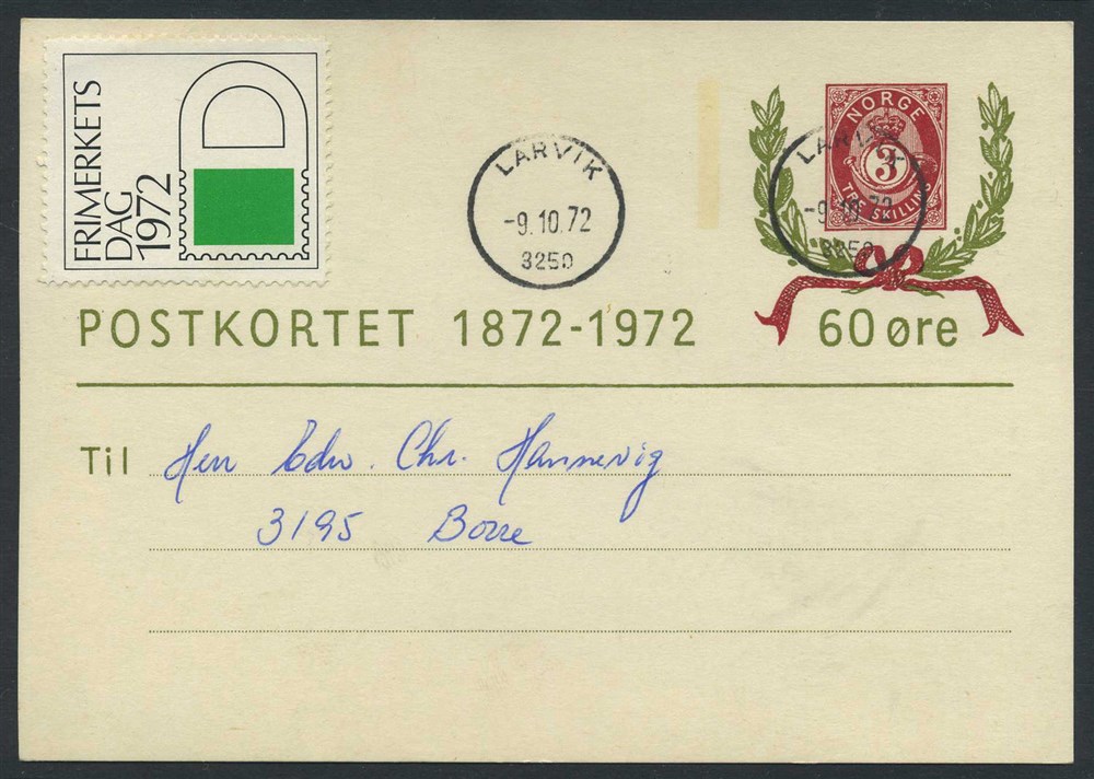 Norway stationaries: BK 152. FDC - LARVIK/3250 - 9.10.1972. Addressed.