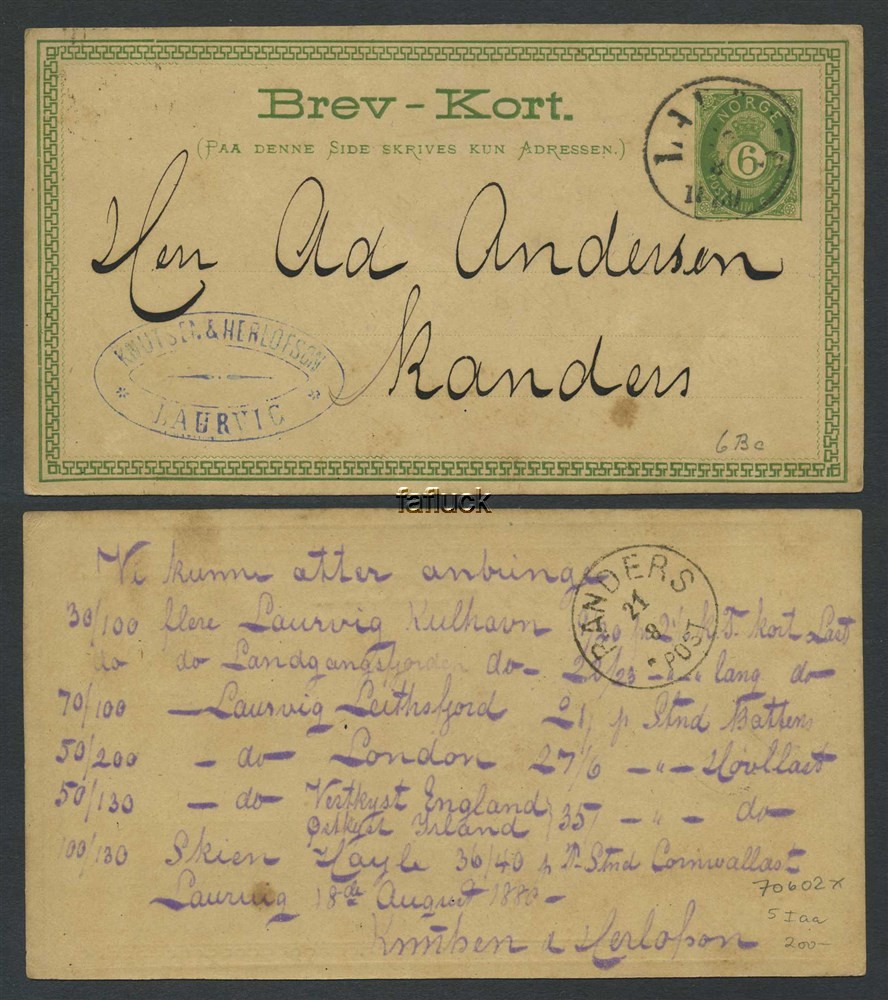 Norway stationaries: BK 005 Iab. LAURVIG 1879.08.19, card addr. to Randers,