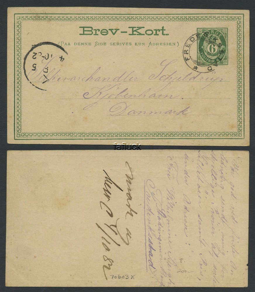 Norway stationaries: BK 008. FREDERIKSSTAD 1882.10.02.  Addr. to Copenhagen,