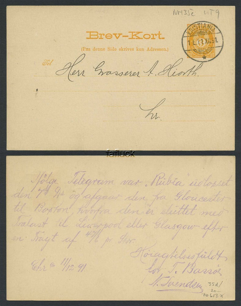 Norway stationaries: BK 035d. KRISTIANIA 1891.12.11. Superb canc. on card addr.