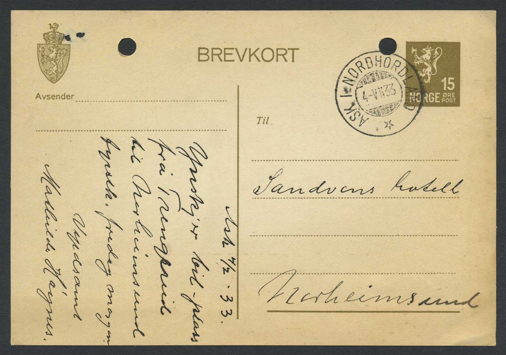 Norway stationaries: BK 088. ASK I NORDHORDLAND 1933.07.04. Superb canc. on car
