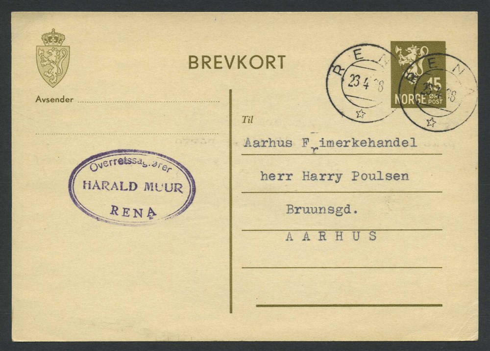 Norway stationaries: BK 095a. RENA 1938.04.23. Two beautiful upright stroke on