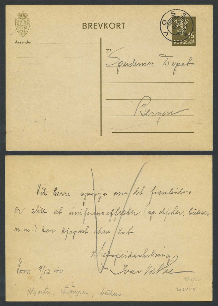 Norway stationaries: BK 095a. VOSS 1940.12.09. Beautiful diagonal stroke on car