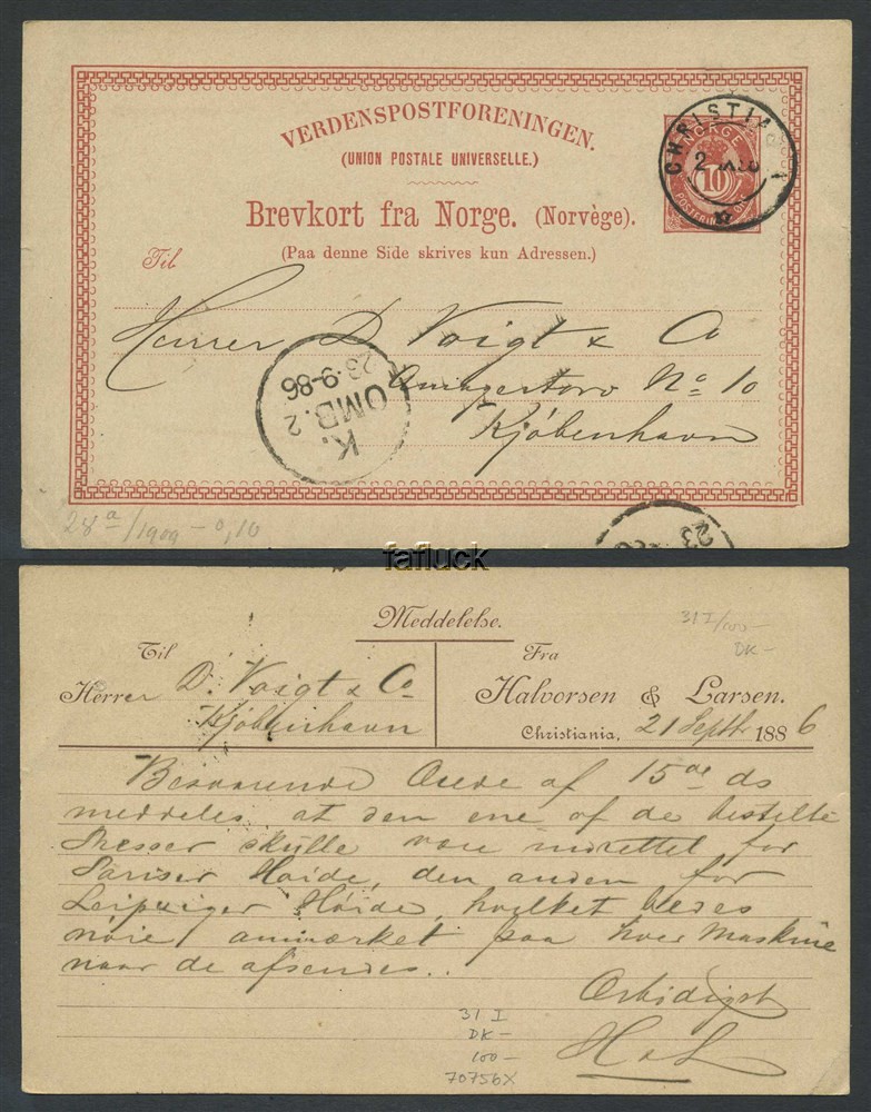 Norway stationaries: BK 031 I. CHRISTIANIA 1886.09.22. Very fine card addressed