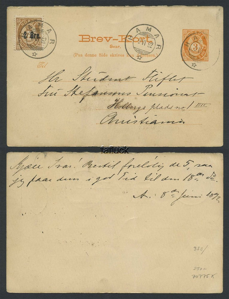 Norway stationaries: BK 038s. HAMAR 1892.06.09. Reply-card uprated to 5 øre