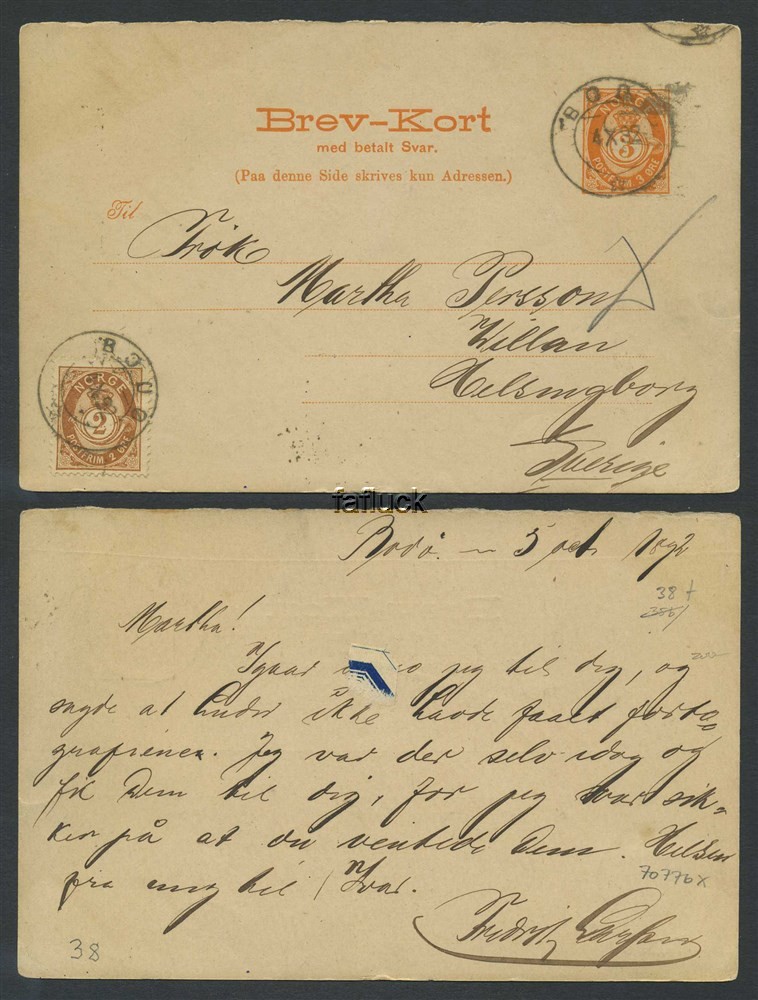 Norway stationaries: BK 038f. BODØ 1892.10.04. 1st-card uprated to 5 øre postag