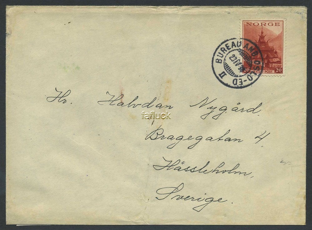 Norway railway t.p.o.: Ad 35. BUREAU AMB. OSLO-ED/II 23.IV.38. Beautiful stroke