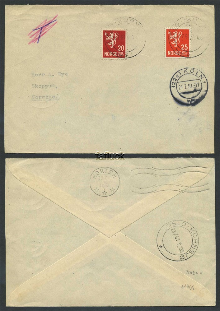 Norway railway t.p.o.: Ad 41. OSLO-KORNSJØ/* 23.7.51. Three fine stroke (one on