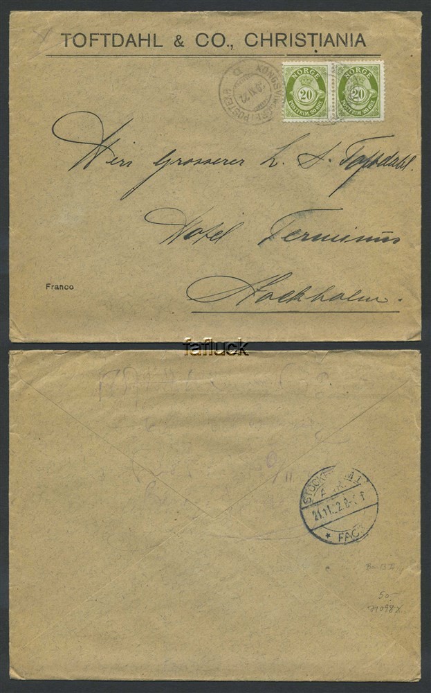 Norway railway t.p.o.: Ba 13 II. KONGSVINGERB. POSTEXP./D 20.XI.22. 40 øre