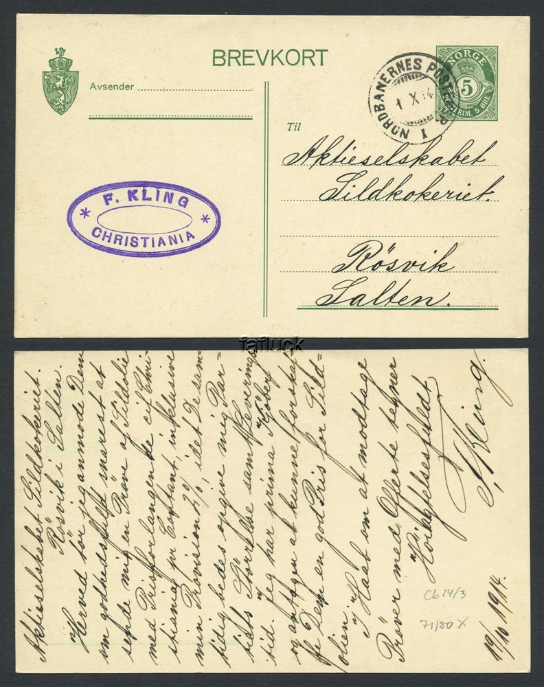 Norway railway t.p.o.: Cb 14 I. NORDBANERNES PEXP./I  1.X.14. Superb stroke on