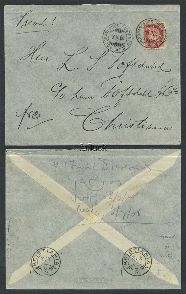 Norway railway t.p.o.: Cc 08. NORDBANERNES POSTEKSP. II/A 25.VI.08. Two beauti-