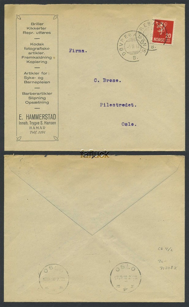 Norway railway t.p.o.: Cd 04. DOVREBANEN S./B. 27.VII.34. Two fine upright