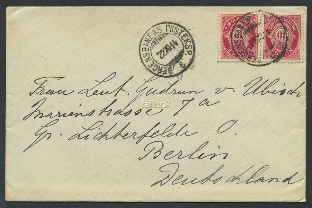 Norway railway t.p.o.: Fb 04. BERGENSBANENS POSTEKSP./C 22.XI.14. Two fine