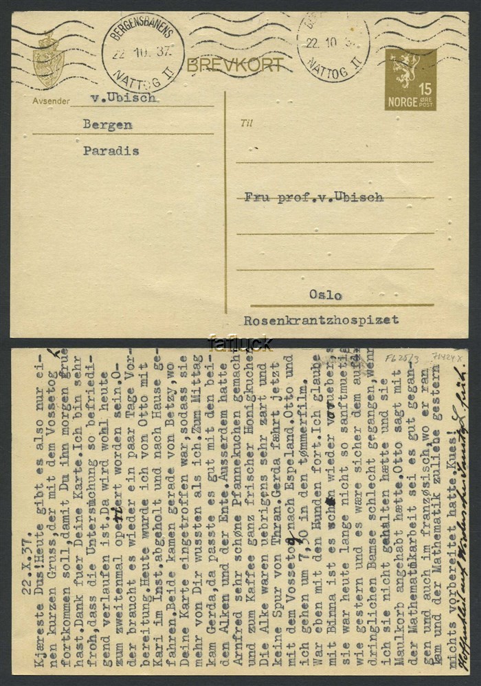 Norway railway t.p.o.: Fb 23. BERGENSBANENS/NATTOG II 22.10.37. Superb machine