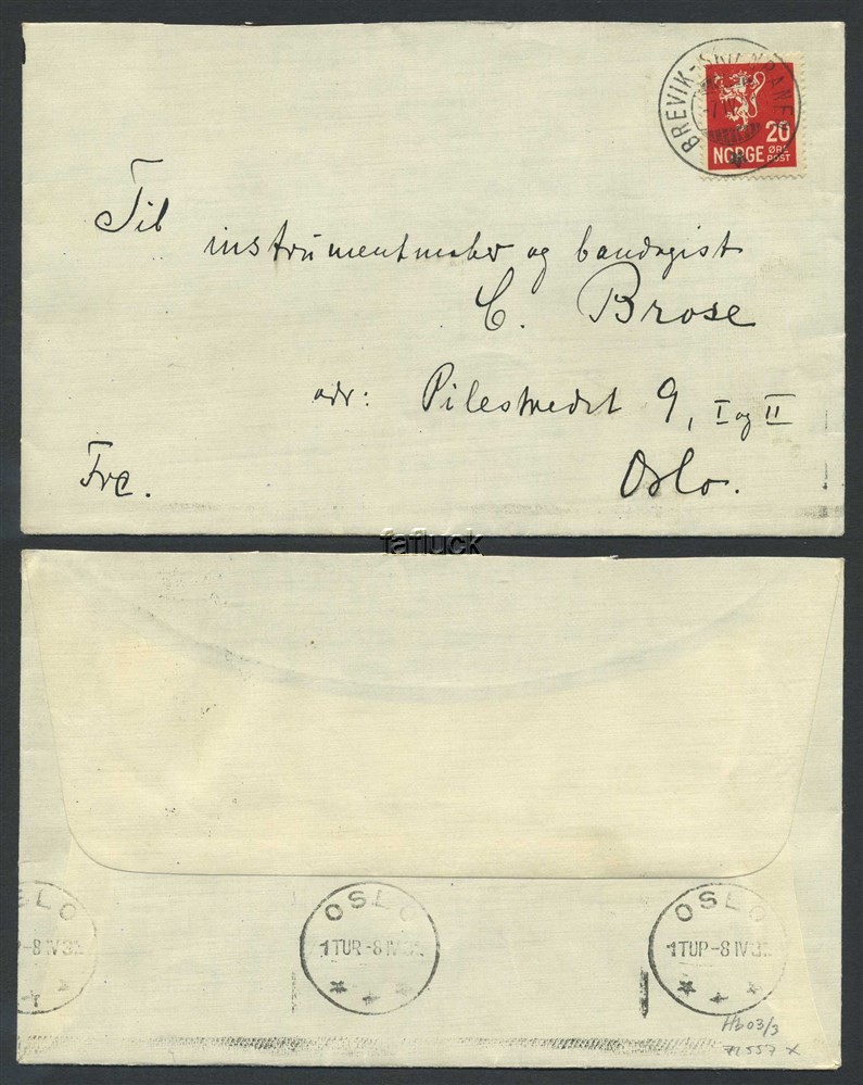 Norway railway t.p.o.: Hb 03. BREVIK-SKIENBANEN/* -7.IV.31. Superb stroke on