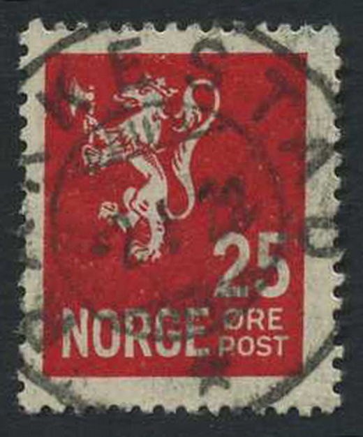 NK 0146. RAKKESTAD 2.I.28.  Superb canc. A blunt perf left side. 25 øre carmine
