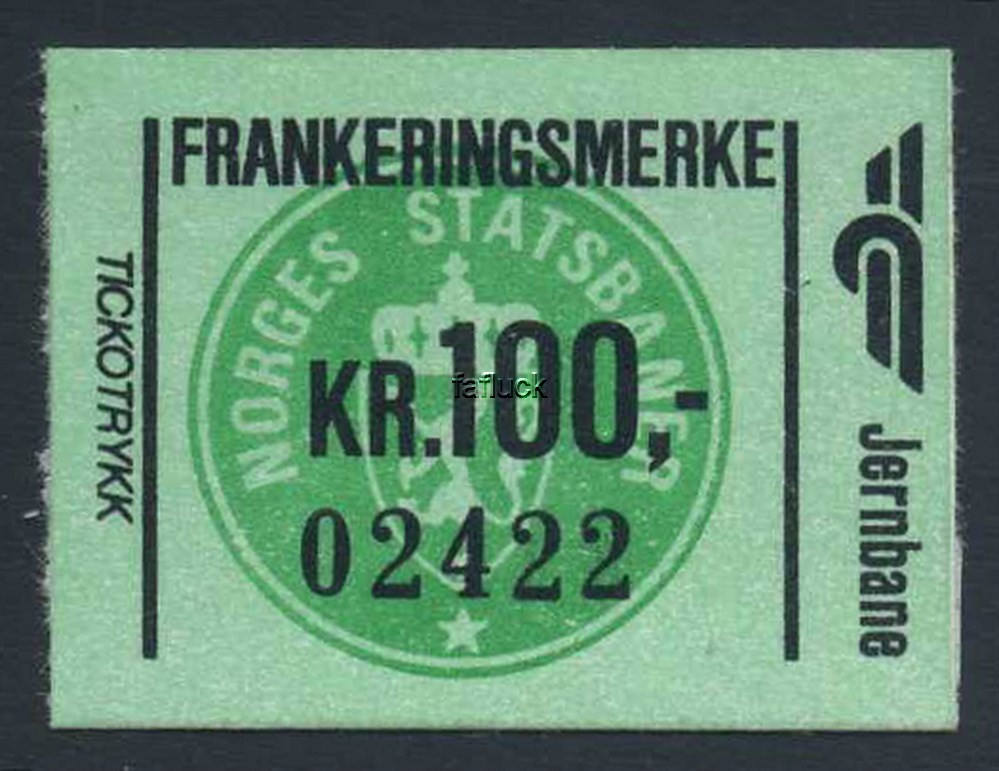 Norway Carrier stamps 05: Norsk Hoved-Jernbane. ** Kr. 100,- greeen on light