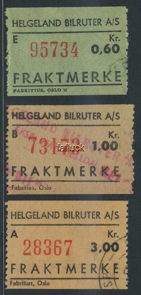 Norway Carrier stamps 07: Helgeland Bilruter A/S. Lot 3 stamps: 0,60, 1,00 and