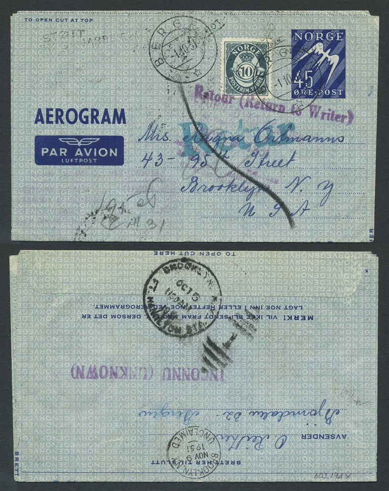 Norway stationaries: AE 005. BERGEN 1.10.51.  45 øre aerogram to USA uprated to