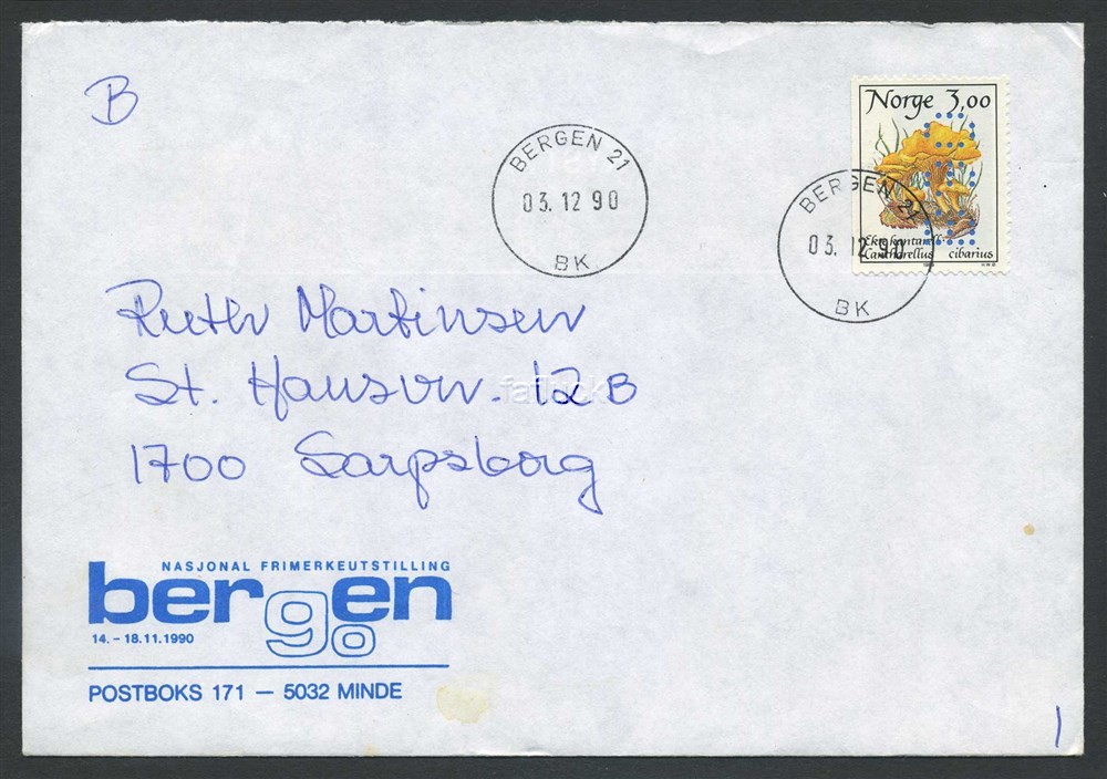 Norway philatelic perfin: 001. "B 90" (Bergen 90). NK 1061 (pos.8). Stamp on