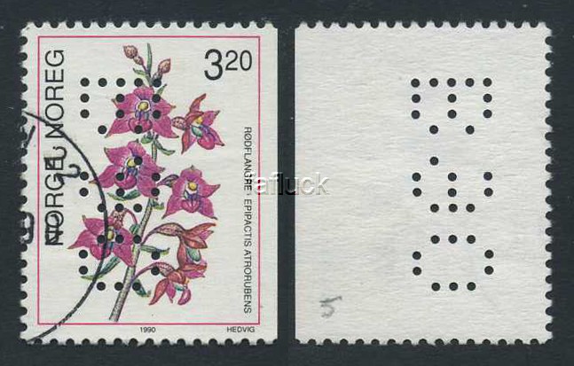 Norway philatelic perfin: 001. "B 90" (Bergen 90). NK 1089 (pos.5). Vfu.