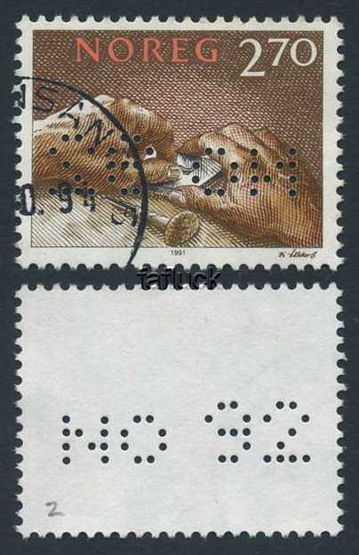 Norway philatelic perfin: 004. "NO 92" (Nordia 92). NK 1119 (pos.2). Vfu.