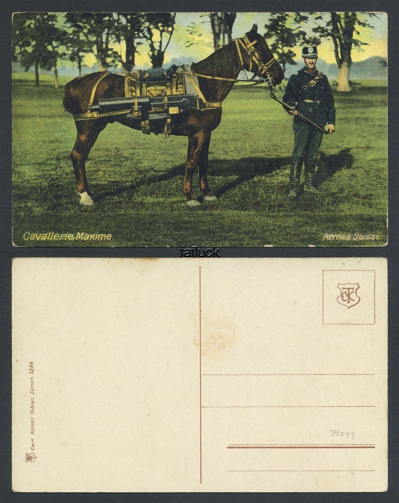 Picture postcard Switzerland:  Soldier with horse carrying a machine-gun.