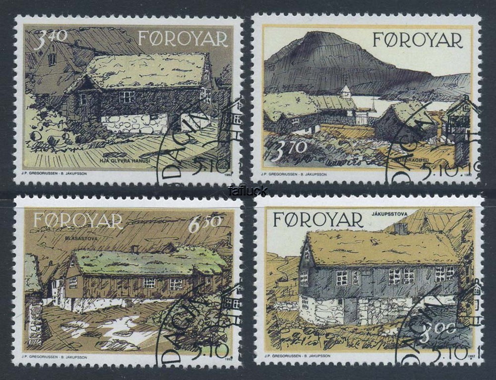 Faroe Islands stamps: 0239-42. Old Houses in Nordagøta, 1992.
