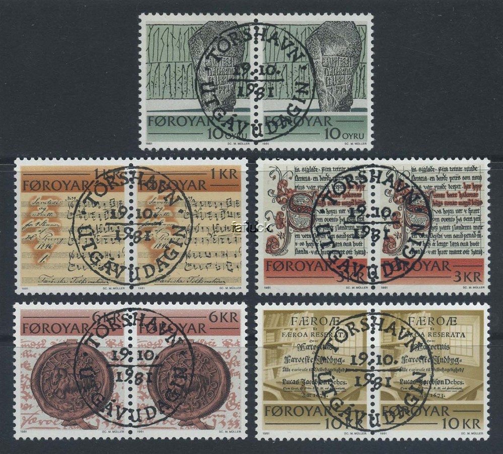 Faroe Islands stamps: 0067-71. Historical Writings, 1981. Pairs, superb canc.