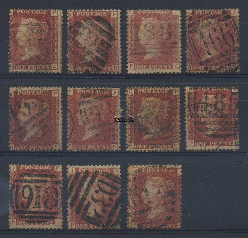 England QV platings: 0043. 1d 1858-79. Nearly complete M-row (11).