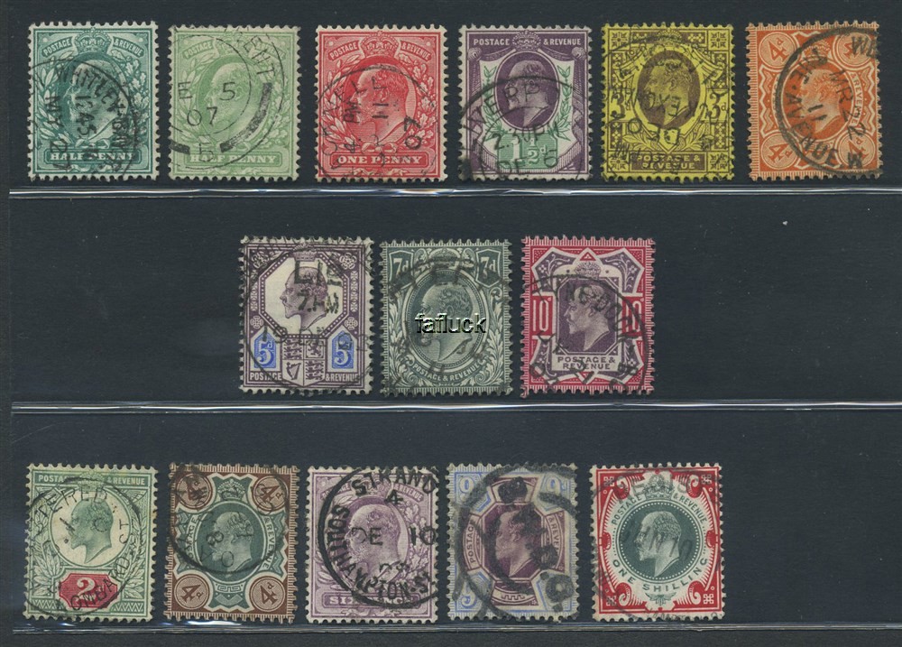 England EVII stamps: 0215/59. Group of 14 different stamps. Lower row of 5