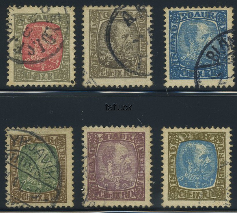 Iceland stamps: 0064, 66, 69-71, 74. 1902-05 Christian IX 4, 6, 20, 25, 40 aur