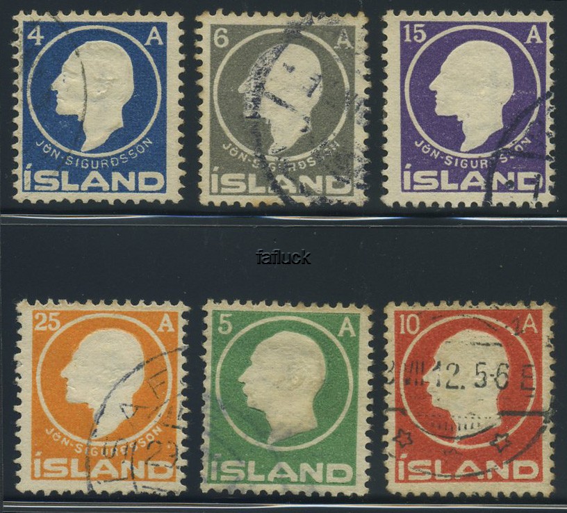 Iceland stamps: 0110-15. Sigurdsson 4, 6, 15 and 25 aur 1911 + Frederik VIII