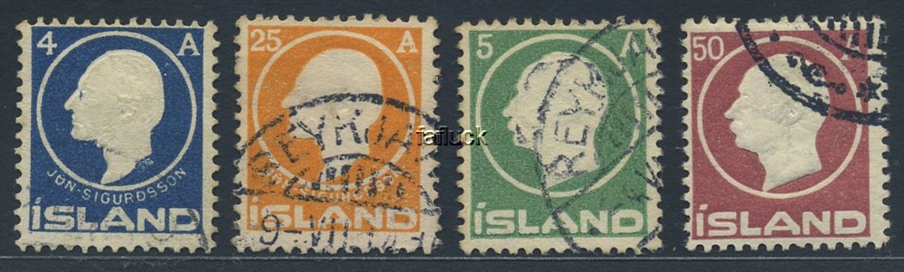 Iceland stamps: 0110, 13-14, 17. Sigurdsson 4 and 25 aur 1911 + Frederik VIII