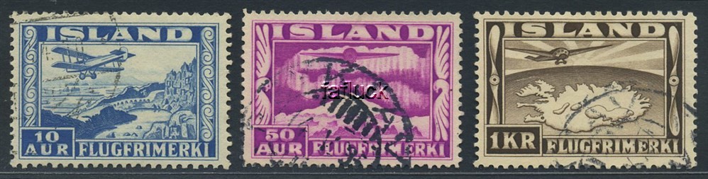 Iceland stamps: 0204, 207-08. 10 aur, 50 aur and 1 kr. Airmail 1934.