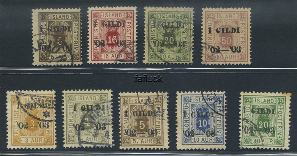 Iceland stamps: Tj 16, 20-25. Group of 9 stamps