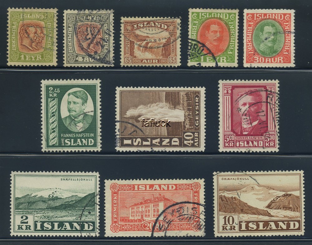 Iceland stamps: 0076/352. Group of 11 different stamps 1907-57.