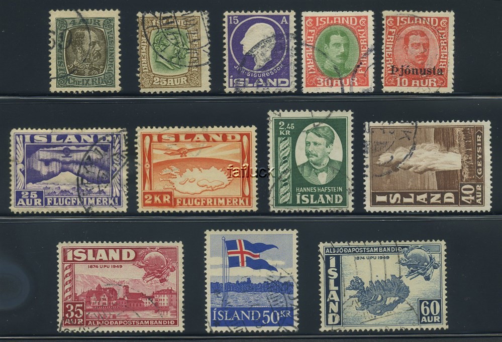 Iceland stamps: 0064/362. Group of 12 different stamps 1902-58.